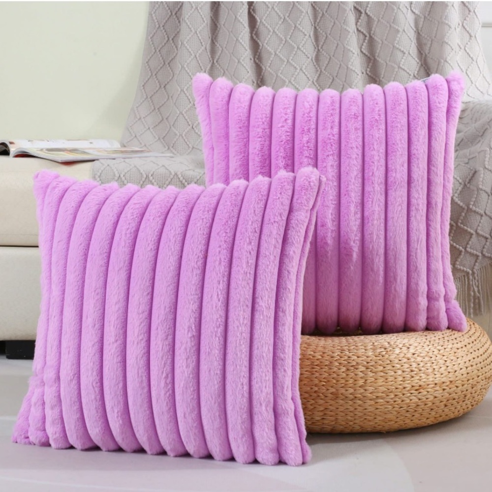 Plush Faux Rabbit Fur Pink Throw Pillow Covers -Set of 2